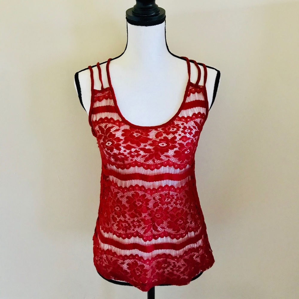 Love Squared Red Multi Patterned Lace Tank Top